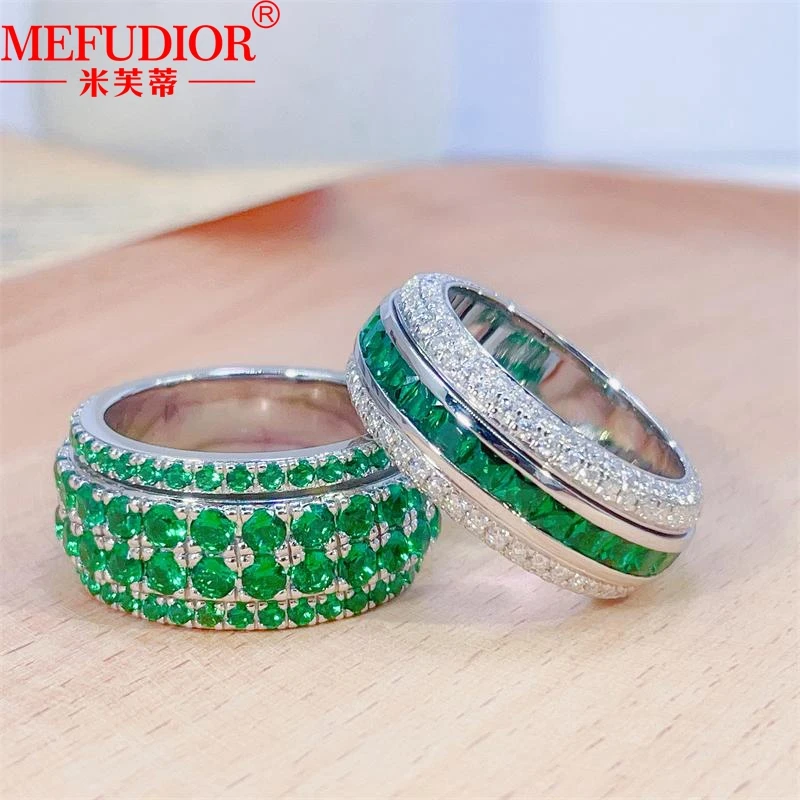 S925 Sterling Silver Round CVD Full Diamonds Luxury Ring Emerald Green Lab Diamond Row Rings for Women Couple Jewelry Party Gift