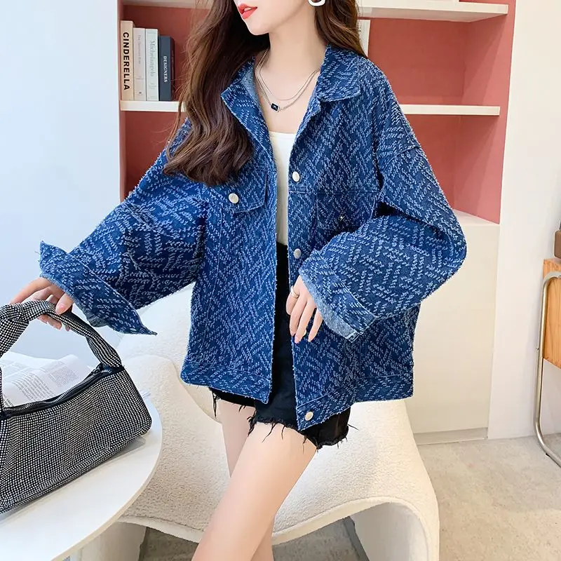 Casual Polo Collar Mid Length Cardigan Denim Jacket For Women 2024 New Autumn/winter Thin Korean Edition Upper Garment