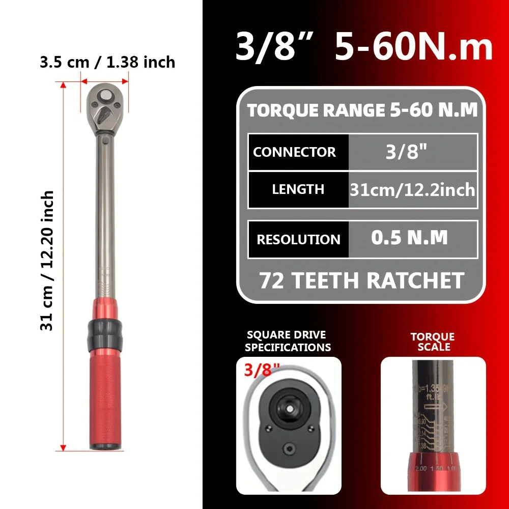 

3/8'' Drive 5-60N.m Precise Double Scale Torque Wrench Set MTB Bike Socket Spanner Bicycle Motorcycle Ratchet Repair Toolbox Kit