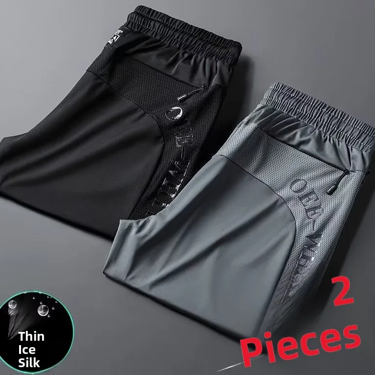 

Мужские летние спортивные брюки из ледяного шелка: быстросохнущие, эластичные, повседневные, свободные, длинные, дышащие, охлаждающие, с молниями, для отдыха, тонкие, базового кроя