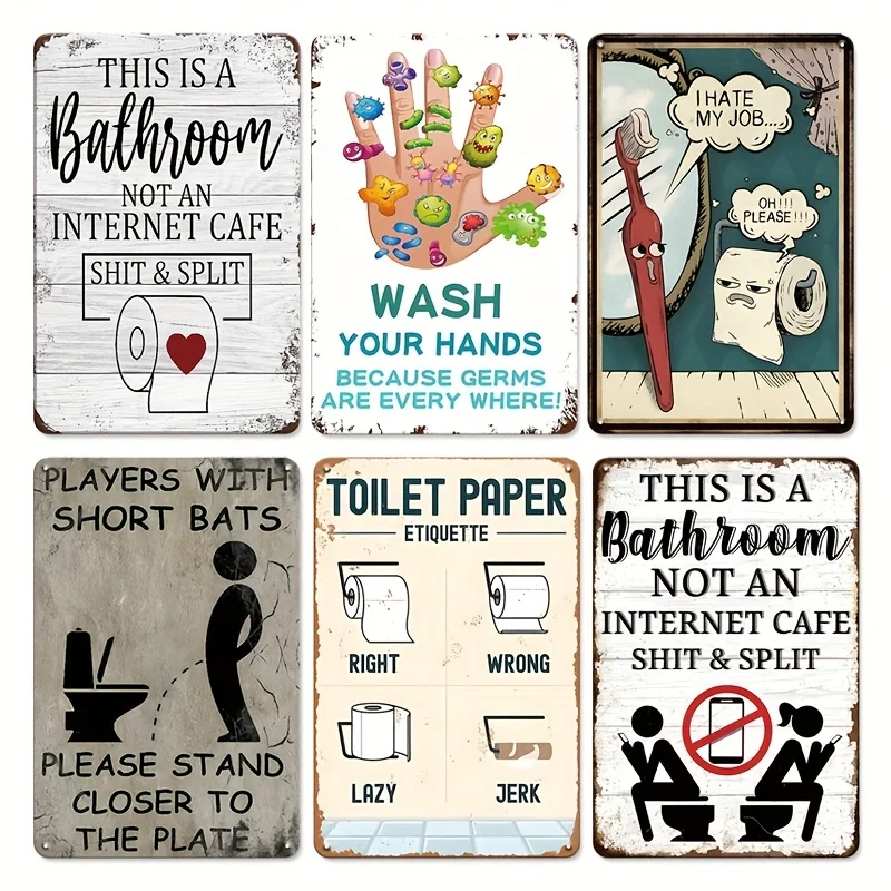 6Pcs, Comical Metal Sign, Retro Bathroom Wall Decoration Featuring a Humorous Saying, Rustic Plate Suitable for Home, Café, Office, Bedroom, Bar, Pub, Garage, Farmhouse Decoration, Restroom Toilet Decoration 8X12 Inches