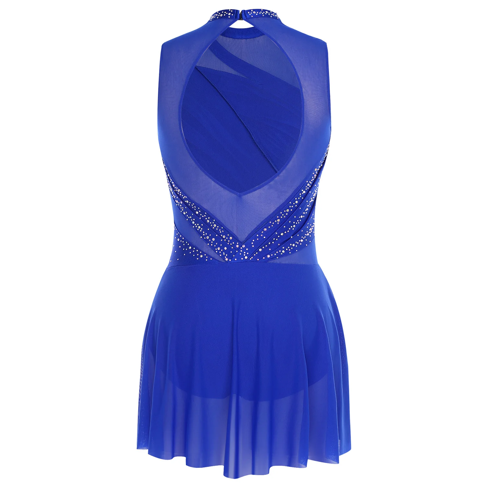 Womens Ballet Lyrical Dancing Dress Round Collar Sleeveless Ruched Rhinestone Backless Dress for Stage Performance Competition