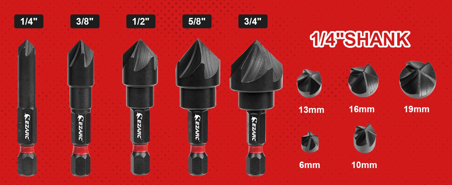 EZARC 5-teiliges HSS-Senkerbohrer-Set für die Metallbearbeitung, 1/4 Zoll, 3/8 Zoll, 1/2 Zoll, 5/8 Zoll, 3/4 Zoll, 82 ° 5-schneidiger, 1/4" Sechskantschaft – Detail 3