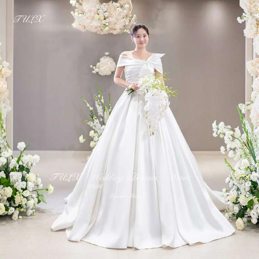 

TULX Elegant Satin A Line Wedding Dresses Korea Photoshoot Off Shoulder Sweep Train Bridal Gowns Corset Back Mariage Custom