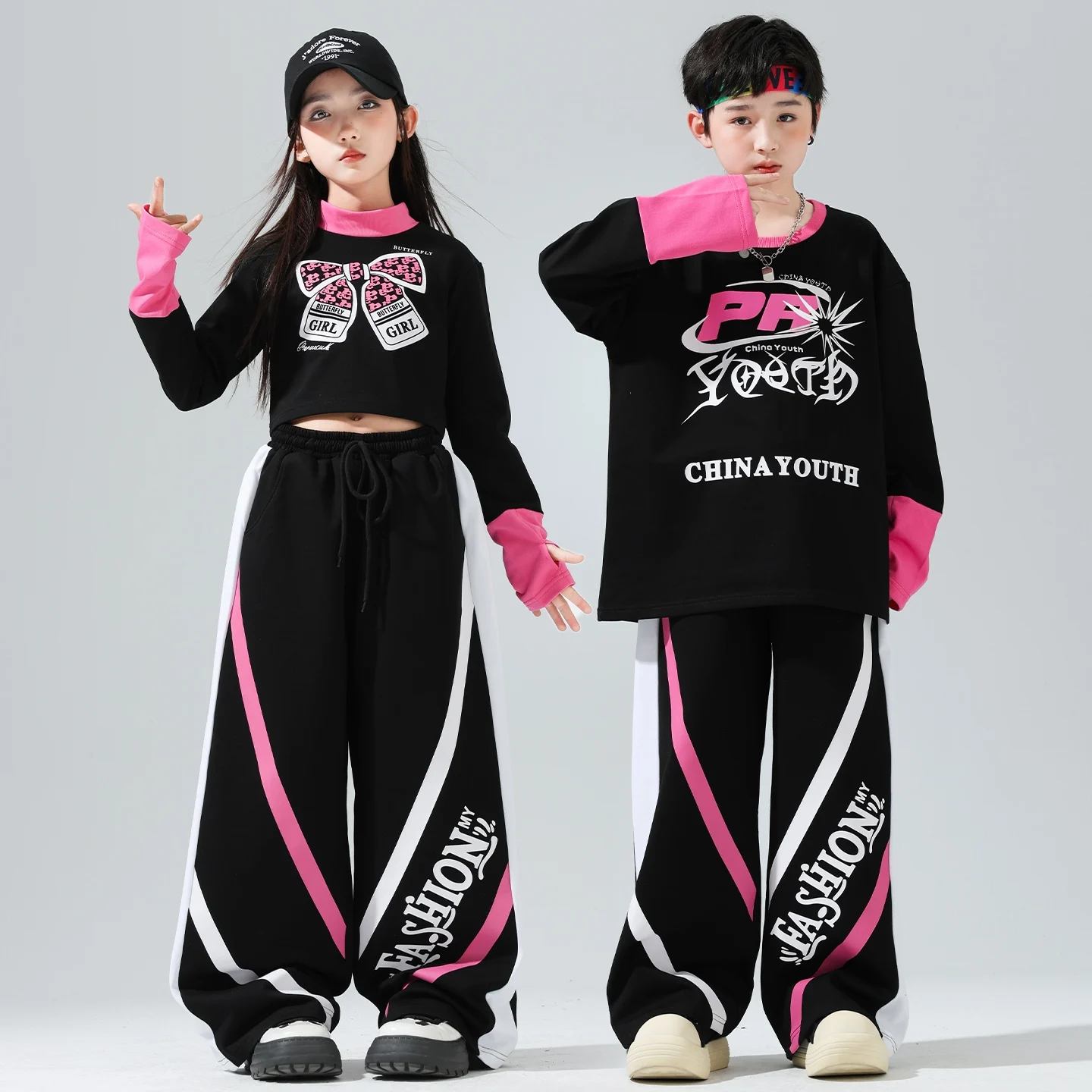

2025 Children Hip Hop Dance Costumes For Girls Long Sleeved Hiphop Pants Outfits Boys Streetwear Jazz Dance Rave Clothes