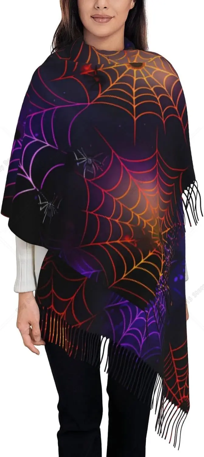 Orange Spider Web Halloween Scarf Shawl Fashion Printed Tassel Scarf for Women