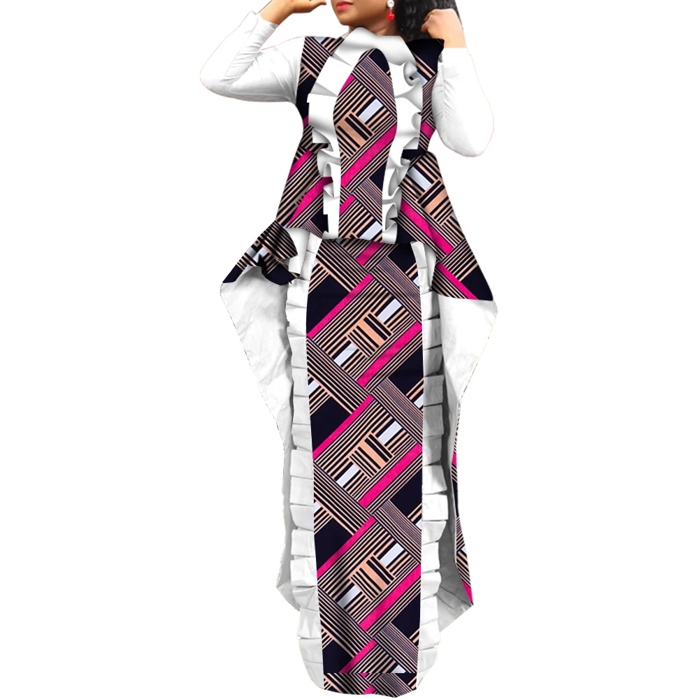 2 Pieces Set African Skirt Set Autumn African Print Long Ruffled Tops and Long Skirts African Clothes for Women Outfits WY6025