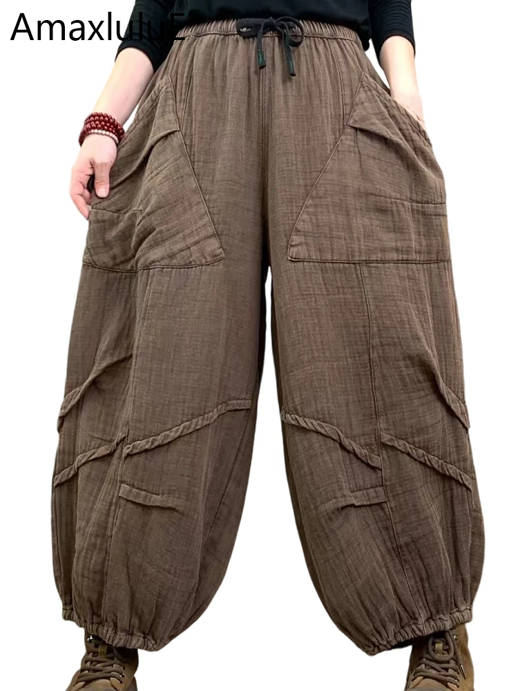 

Amax LuluE 2025 Womens Korean Fall Loose Harem Pants Ladies Classic Casual Vintage Big Size Elastic Waist Fitness Solid Trousers