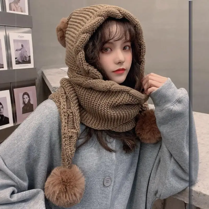 Womens Winter Knit Hat Scarf Integrated Fluffy Pom Poms Thick Warm For Skiing Commuting Cold Weather