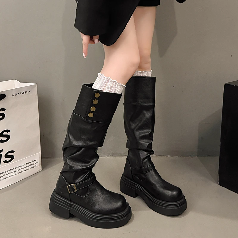 Vintage Women Knee High Boots Autumn Winter Ladies Causal Thick Heel Knight Long Botas Zapatos De Mujer image 2