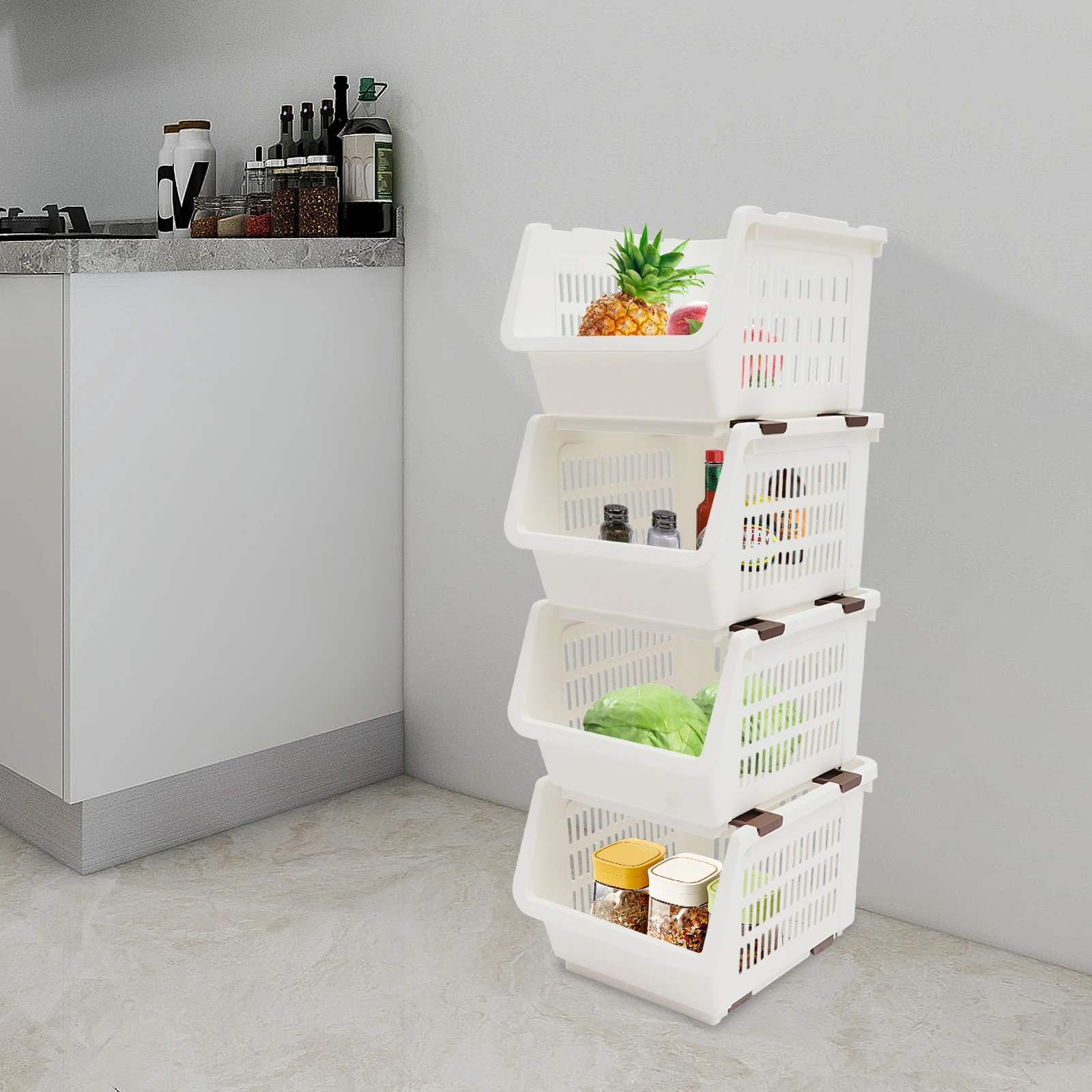 

4 шт., 9,5 дюйма, штабелируемые корзины для хранения, прямоугольные штабелируемые корзины-органайзеры, напольные корзины для хранения, идеальный подарок, белый