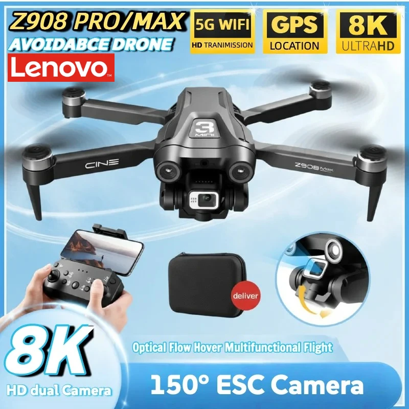 Drone professionnel Lenovo Z908 ProMAX 8K avec ESC, GPS 4K, localisation par flux optique et évitement d'obstacles sur 3 côtés, Quadcopter jouet