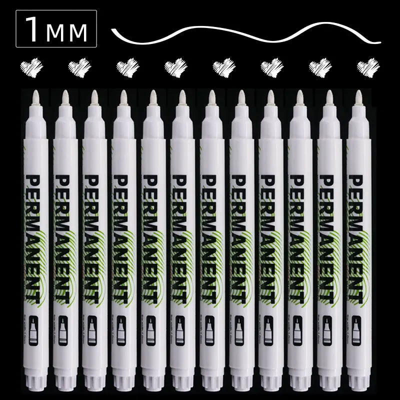 12 Packs of White Oily Marker Pens 1MM Refillable Ink Waterproof Non-fading Non-toxic Low Odor Painting Marking Pen