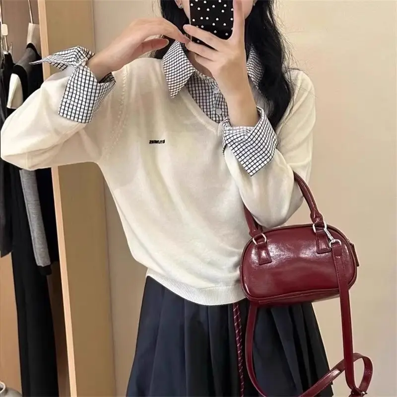 Suéter de malha com gola alta, duas peças falsas, europeu, longo, comprimento regular, cardigã de inverno