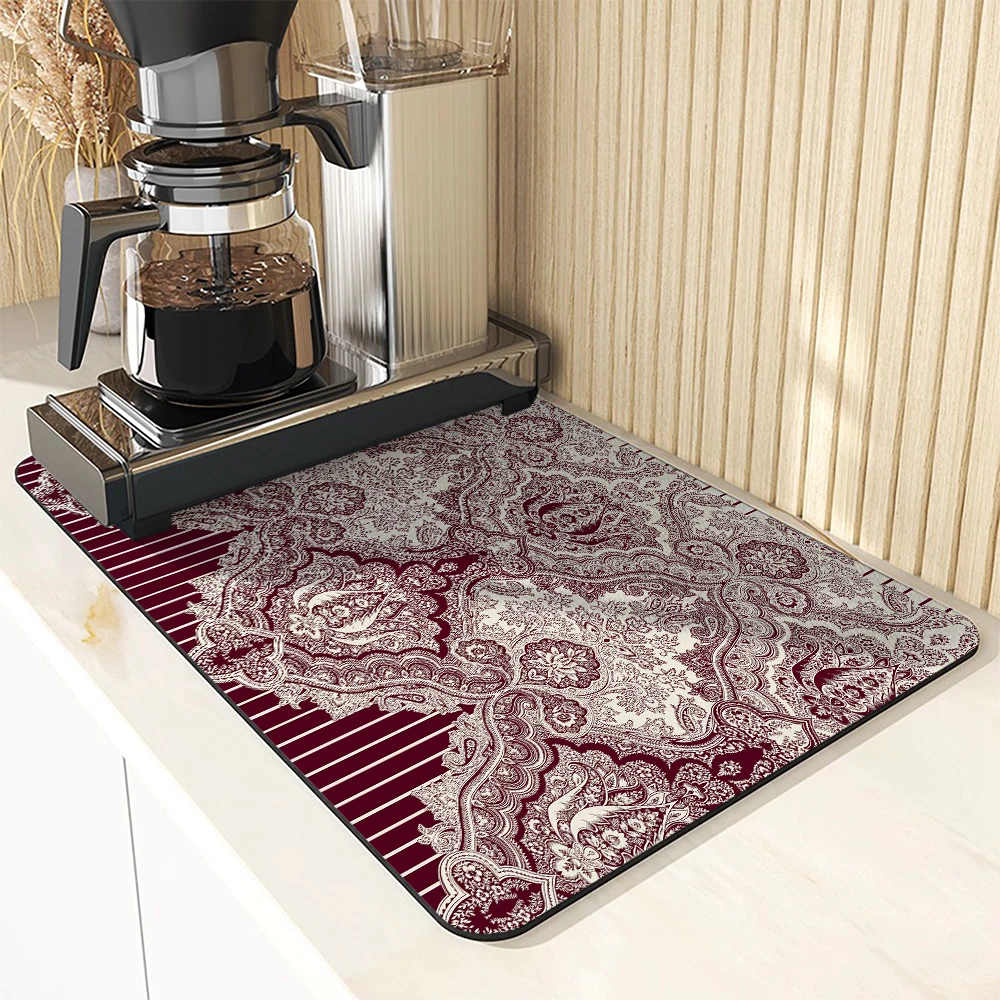 Antiskid Kitchen Absorbent Draining Mat Paisley Vine Flowers Super  Draining Coffee Dish Drying Mat Quick Dry Bathroom Drain Pad