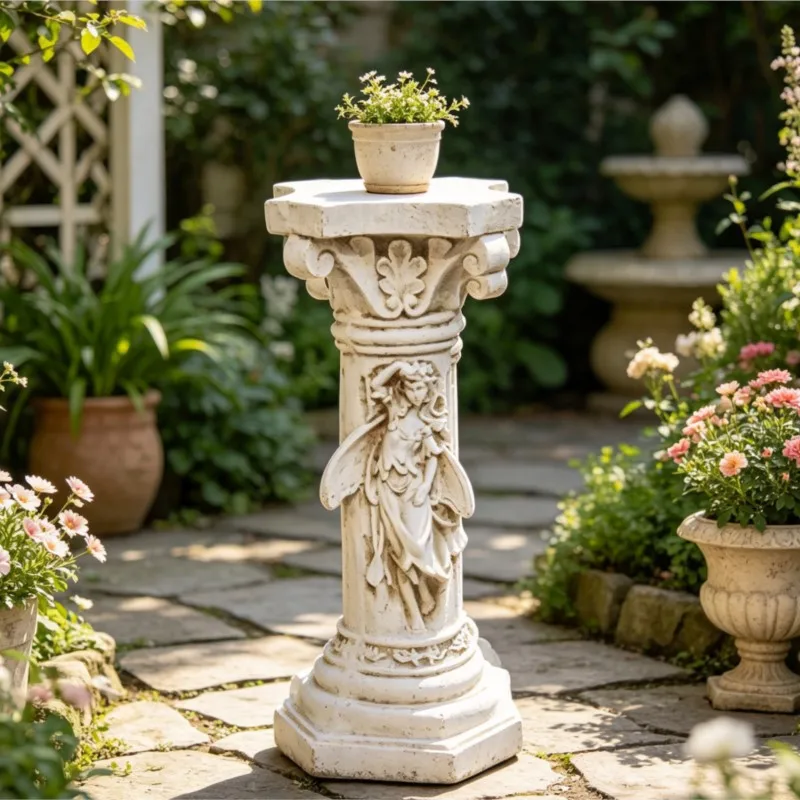Vintage Roman Column Flower Pot Stand with Angel Relief, Retro Style, Ideal for Outdoor Courtyard Patio Floor Decoration Base
