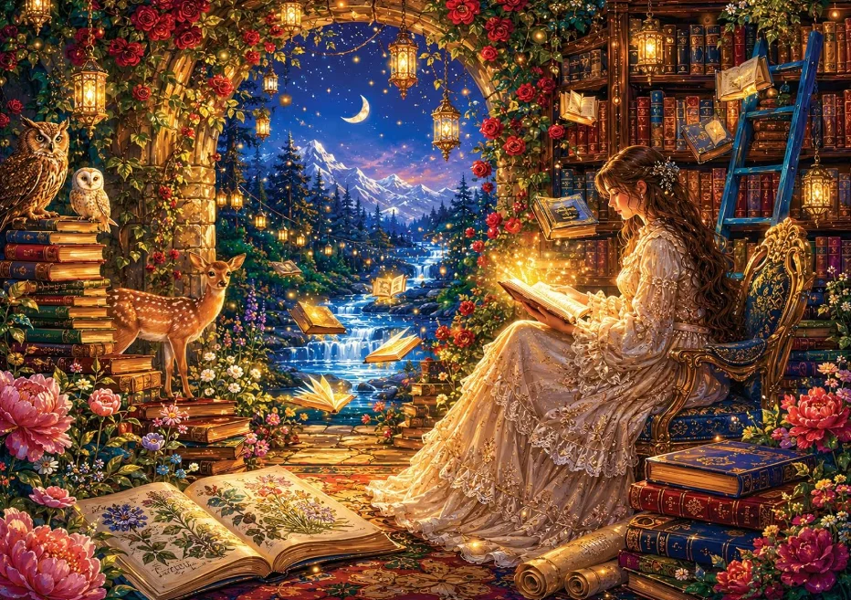 500/1000/1200/2000PCS Jigsaw Puzzle Enchanted Library Glowing Book Floral Arch Owl Deer Crescent Moon Waterfall Wall Decor Gift