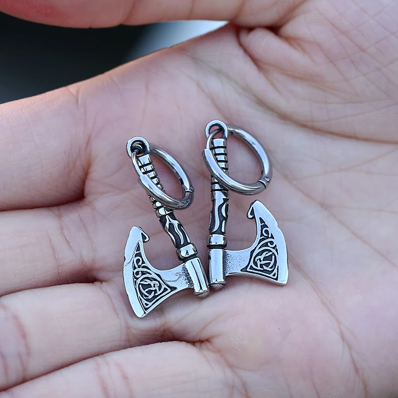 One Set Vintage Ax Fashion Weapon Earrings Nordic Men Teen Stainless Steel Odin Ax Raven Jewelry Stud Earrings Personality Gift