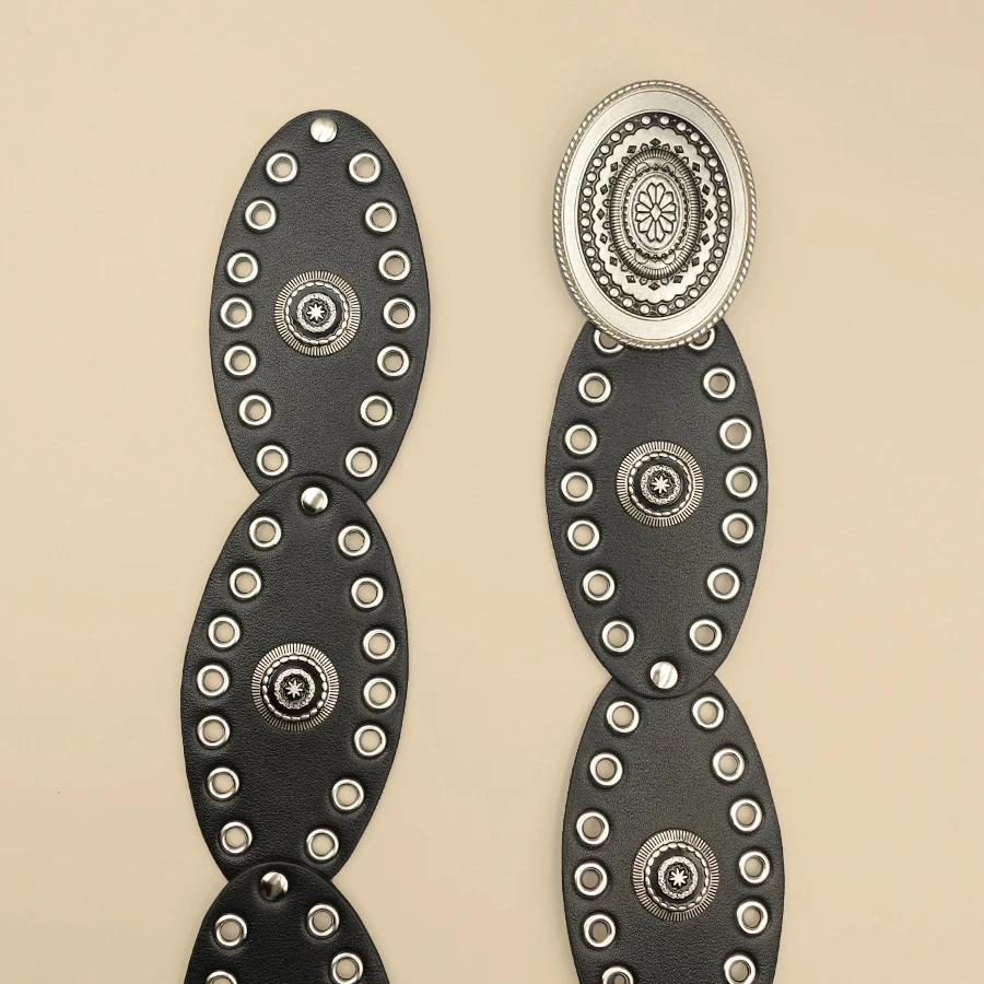 حزام نسائي غربي أسود عتيق - Conchos معدني كبير الحجم مع تصميم مقصوص، إكسسوار أزياء واسع على طراز رعاة البقر