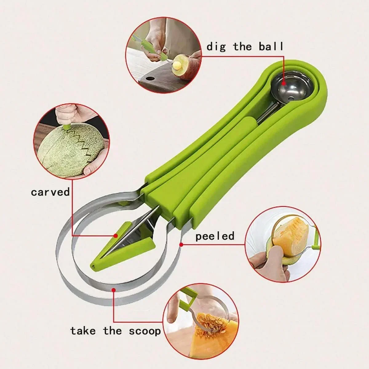 3 قطعة/المجموعة-مجموعة ماكينة قطع أطباق الفاكهة ثلاثة في واحد كرة البطيخ حفارة شكل نحت سكين قطع الفاكهة Nit #6