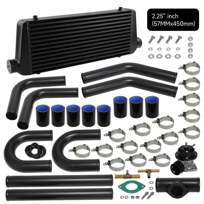 Universal Intercooler 550x230x65mm + 57mm OD Aluminum Piping Kit+ 10PSI Blow Off Valve Kit Black