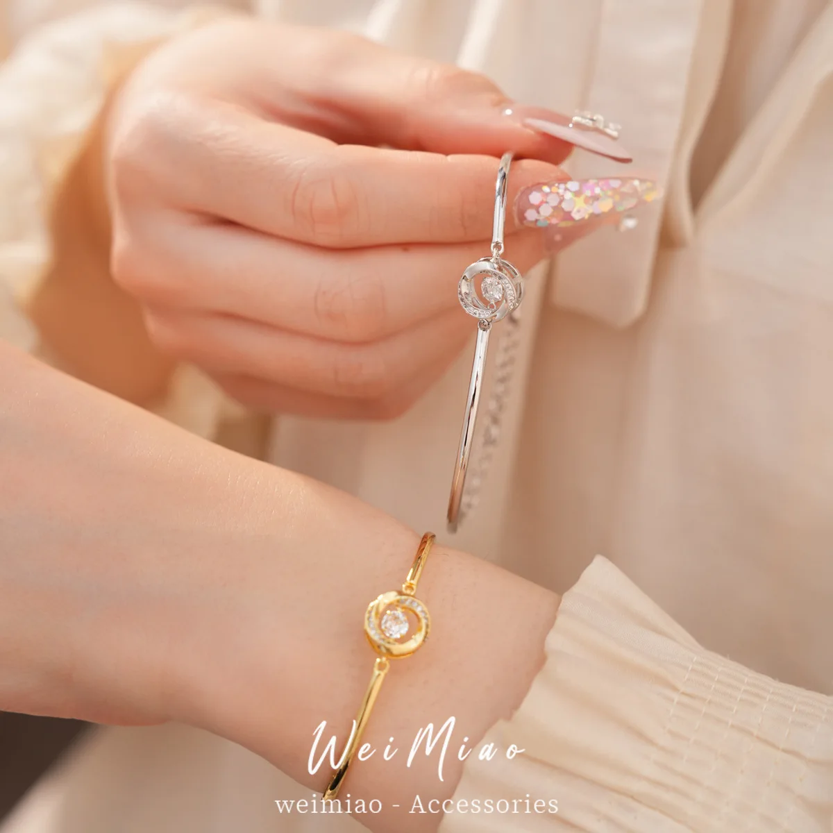 Moving Crystal Dancer Bangle Shiny Geo Swirl Frame Delicate Rose Gold Rhodium Plated Wrist Cuff Birthday Gift for Her