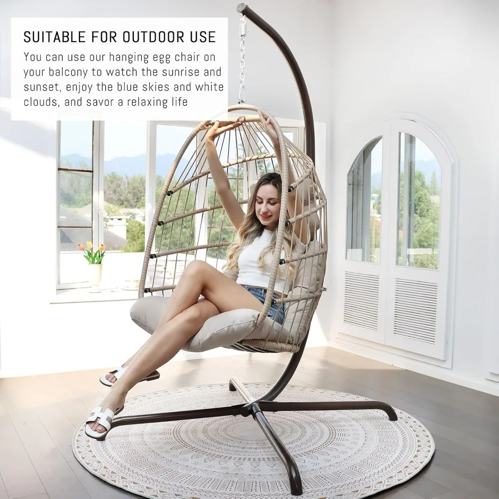 Foldable Wicker Rattan Hanging Egg Chair with Stand, Swing Chair with Cushion and Pillow, Lounging Chair for Indoor Outdoor