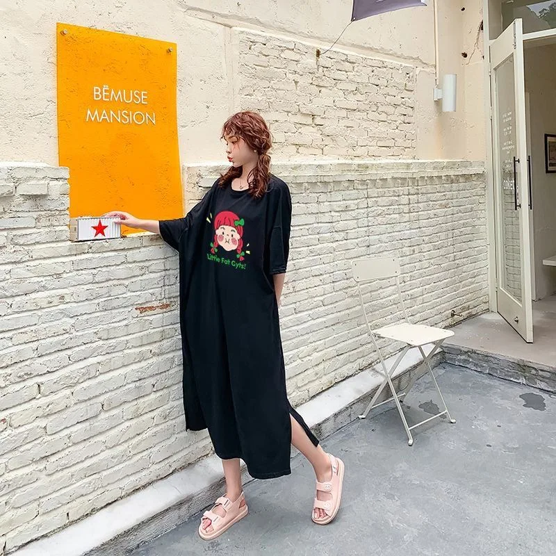 Korean Style Casual Lazy Print over Knee T-Shirt Dress Summer Trendy Short Sleeve Maxi Dress Comfortable Loose Waist Design