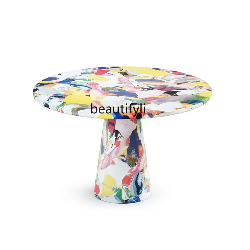 yj Fiberglass Creative and Slightly Luxury Color Leisure Dining Table Personalized Oil Painting Painted Round Table