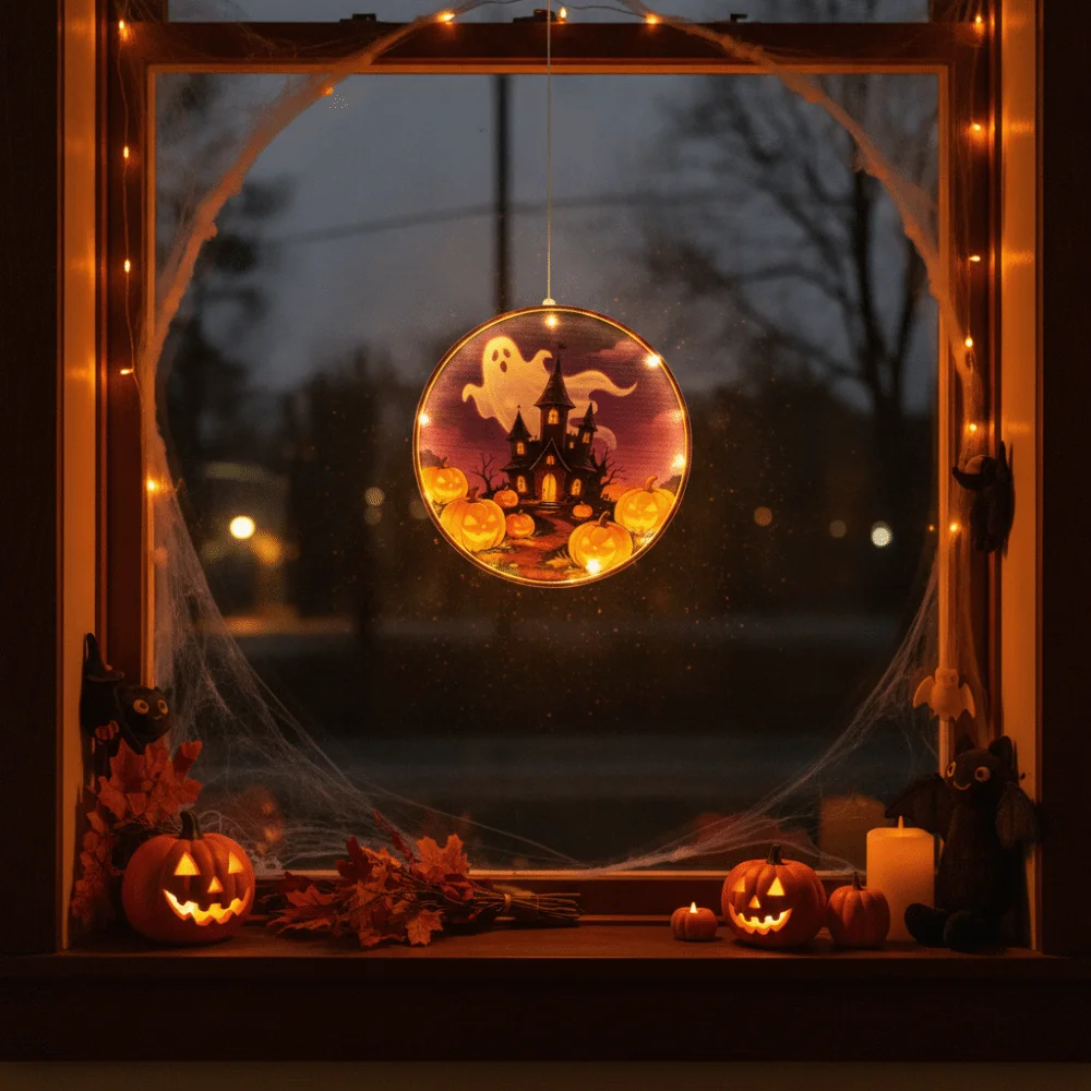 Warm Yellow Glow Halloween Window Lights Double Sided Graphic Suction Cup Hook Ghost Silhouette Light Easy To Install