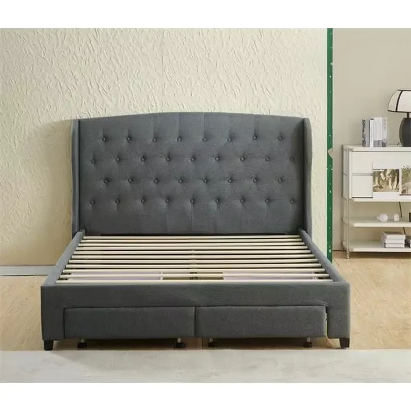 Upholstered King Size Bed Frame with Hidden Drawers, Low Profile Storage Bed for Small Spaces, Bedroom Design