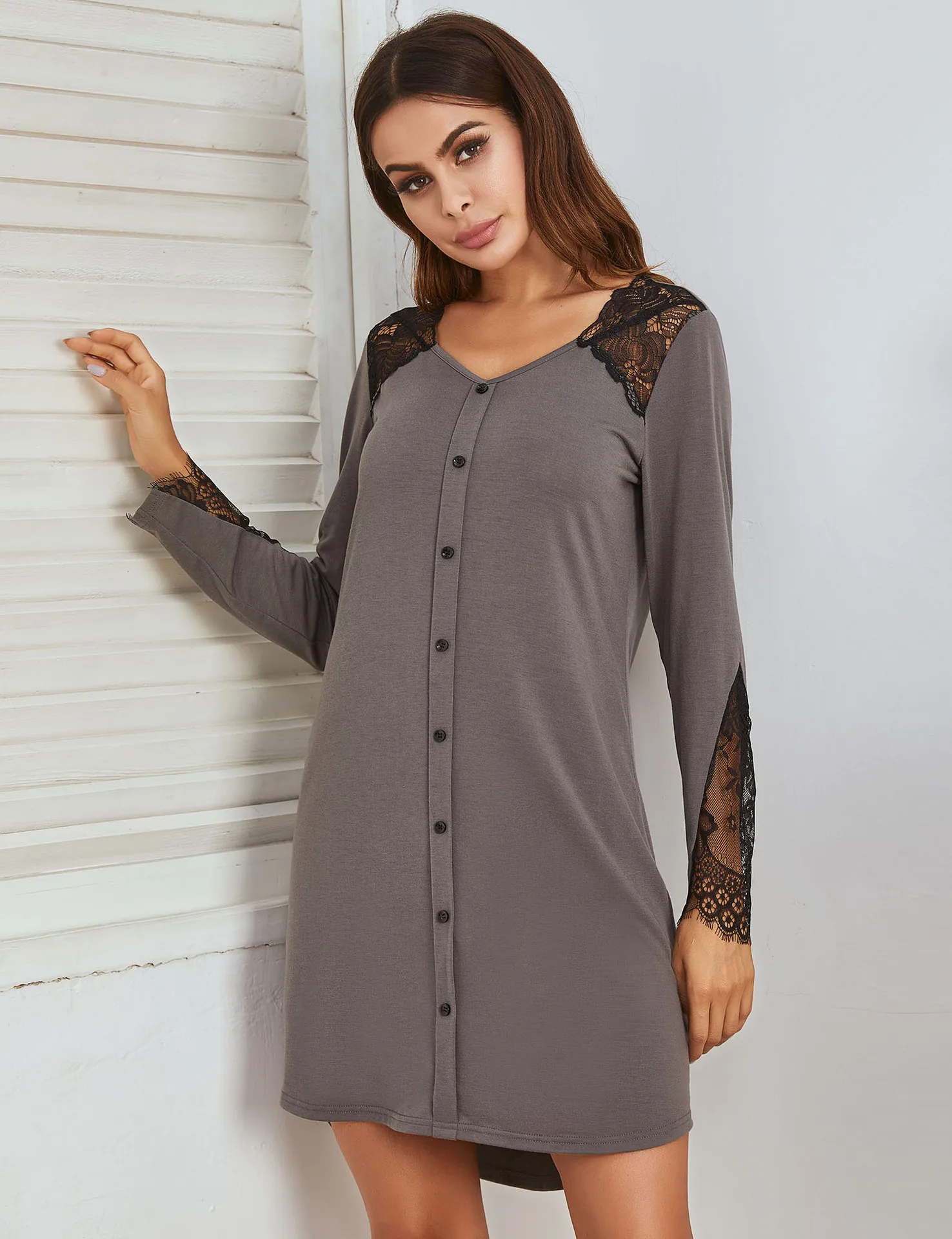 Spring And Summer Nightgown, Sexy Patch, Lace Long Sleeved Sleepwear, Loose And Casual Home Wear