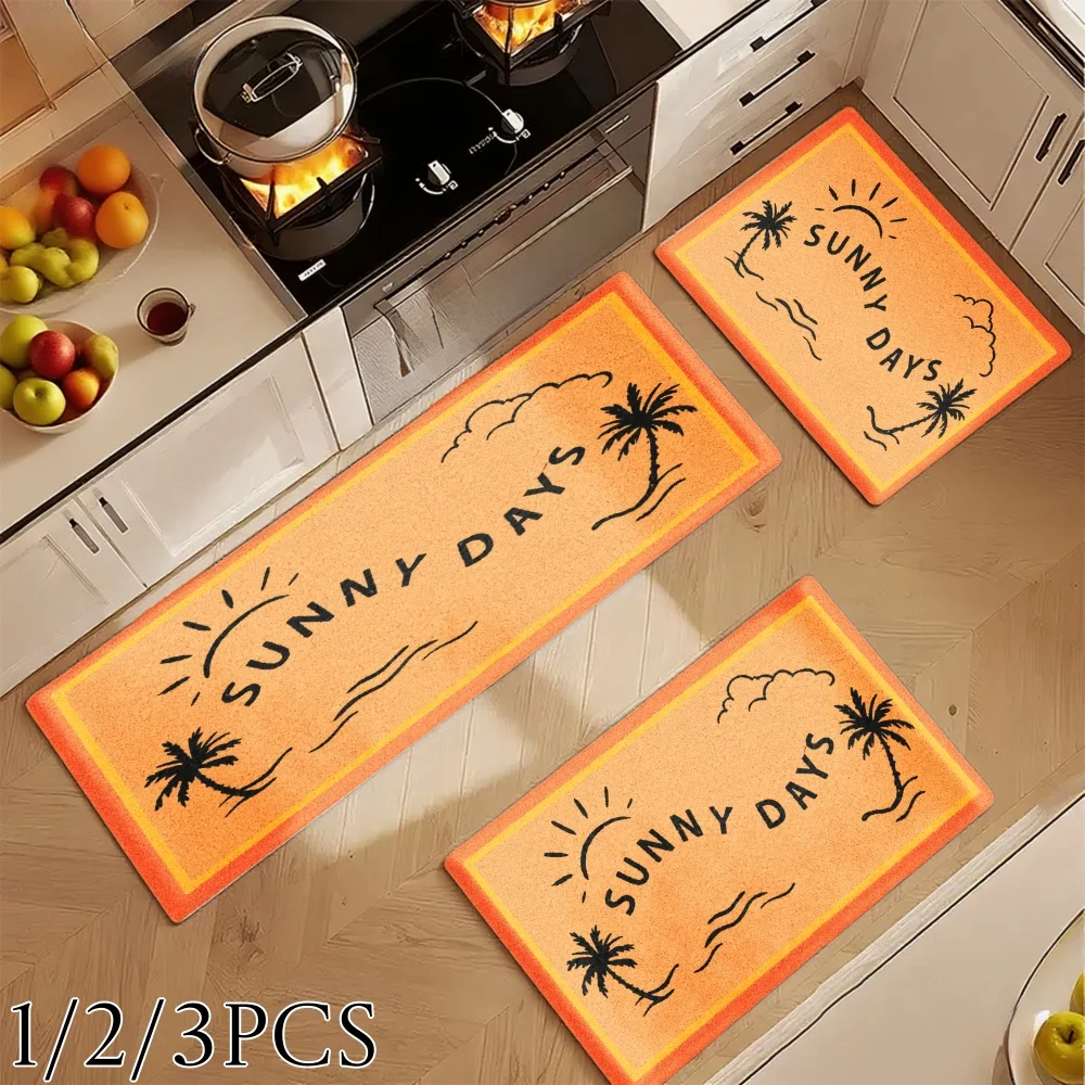 3PCS Kitchen Rugs,Home Decoration for Front Door, Kitchen, Bathroom, Sunny Days Palm Tree Sun Waves Sky Dining Mat
