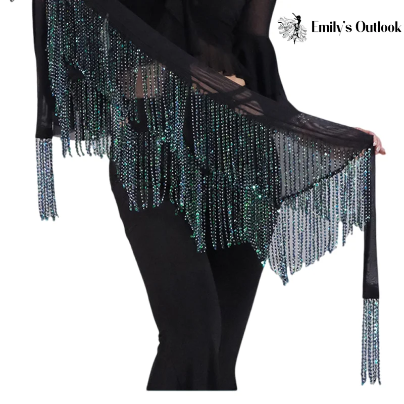 Funkelnder Strass-Quasten-Hüfttuch für Bauchtanz, dreieckiger Taillengürtel, glänzender Fransen-Bauchtanz-Wickel für orientalischen und lateinamerikanischen Tanz