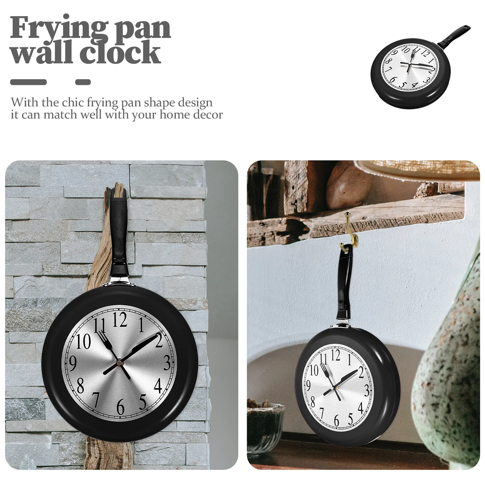 

Frying Pan Clock Wall Clock Unique Red Home Decor Silent Sweep Seconds Easy Install Stainless Steel