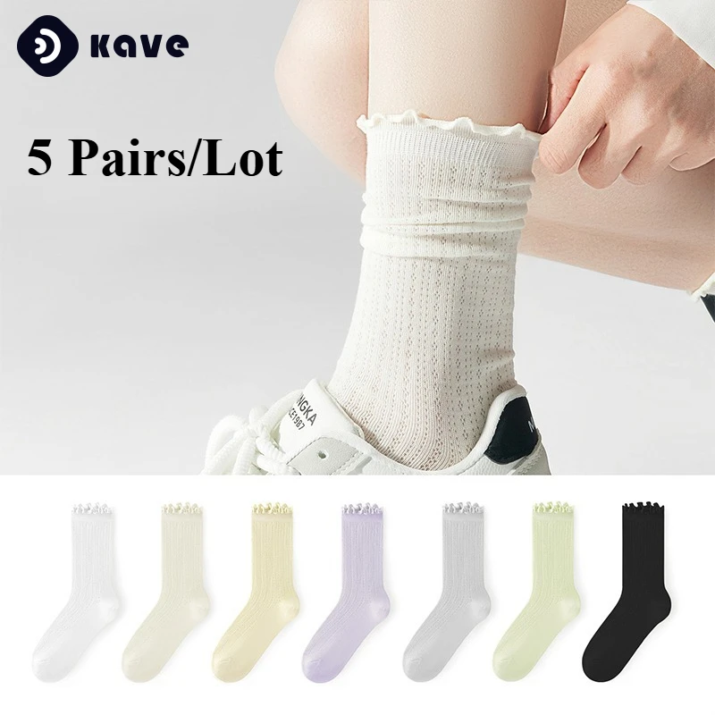 

5 Pairs Summer Thin Lace Mesh Women Socks Harajuku Cotton Crew Socks Women Girls Fashion Soft Comfortable Ballet Mid-Calf Socks