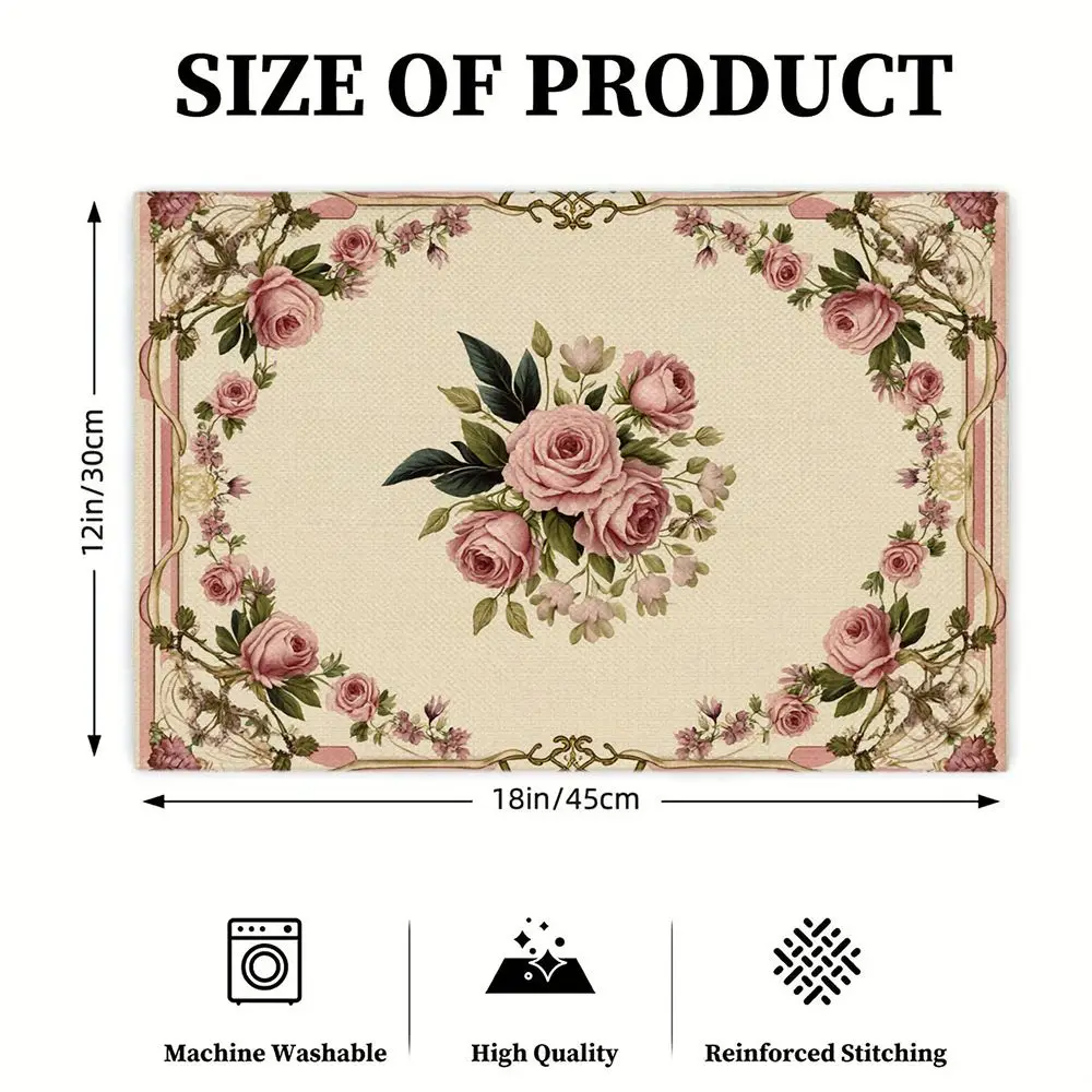 1 PC Home Decoration Placemat, Elegant Pink Rose Linen Printed Table Mat, Table Plate Protection Mat, Suitable for Daily Home