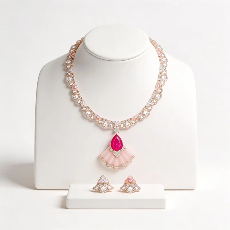 Vintage Style Party Jewelry Sets Women Lady Inlay Cubic Zircon Pink Mother of Pearl Fan-Shaped Pendant Fine Necklace Earrings