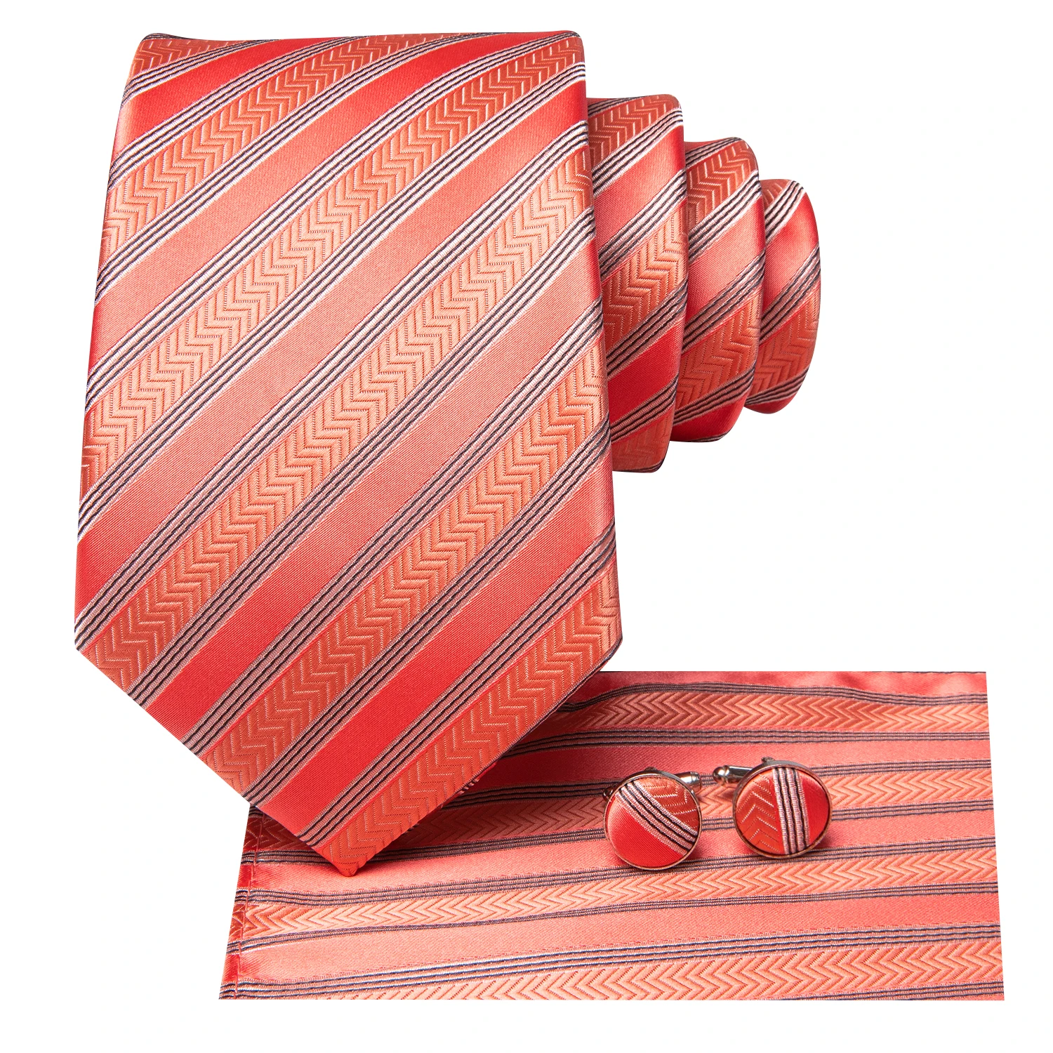 3 قطع ربطة عنق رجالية برتقالية مخططة وجيب مربع أزرار أكمام مجموعة زفاف رسمية غير رسمية لحفلات المكتب