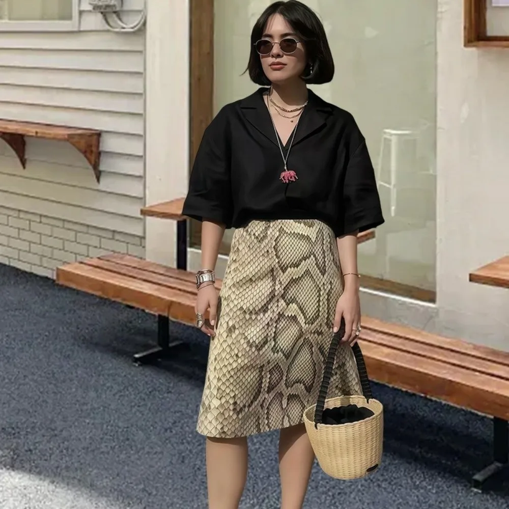 

Slim Fit Leopard Straight Skirt Midi Length Serpentine Print High Waist Half Dress Contrast Patchwork A Line Women Long Skirt