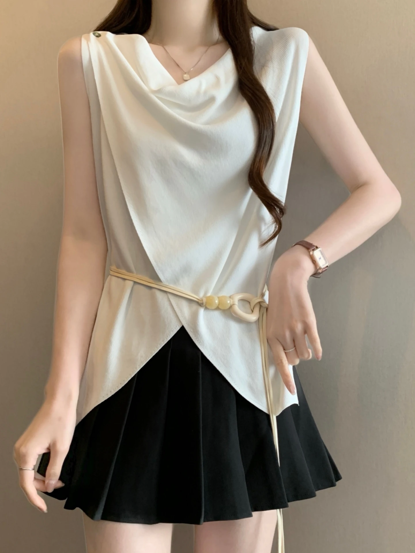 Summer Ice Silk Knitted Vest Irregular Neckline Sleeveless Women's plus Size Slimming Waist Cinched Bottoming Top