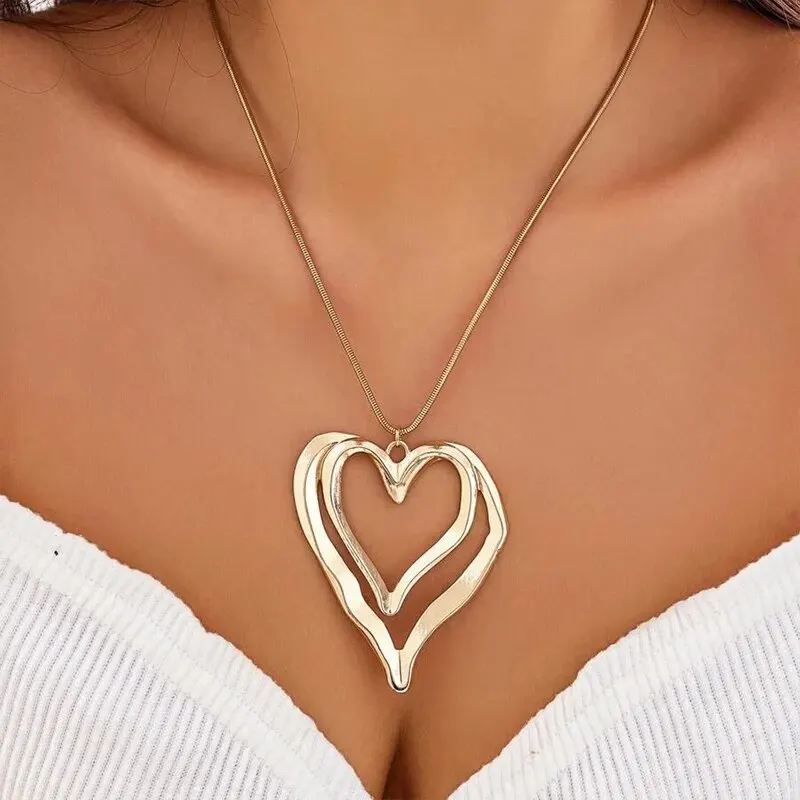 Obega Big Hollowout Heart Pendant Necklaces Women Gold SIlver Color Thick Chains Metal Love Heart Design Women Necklace Jewelry