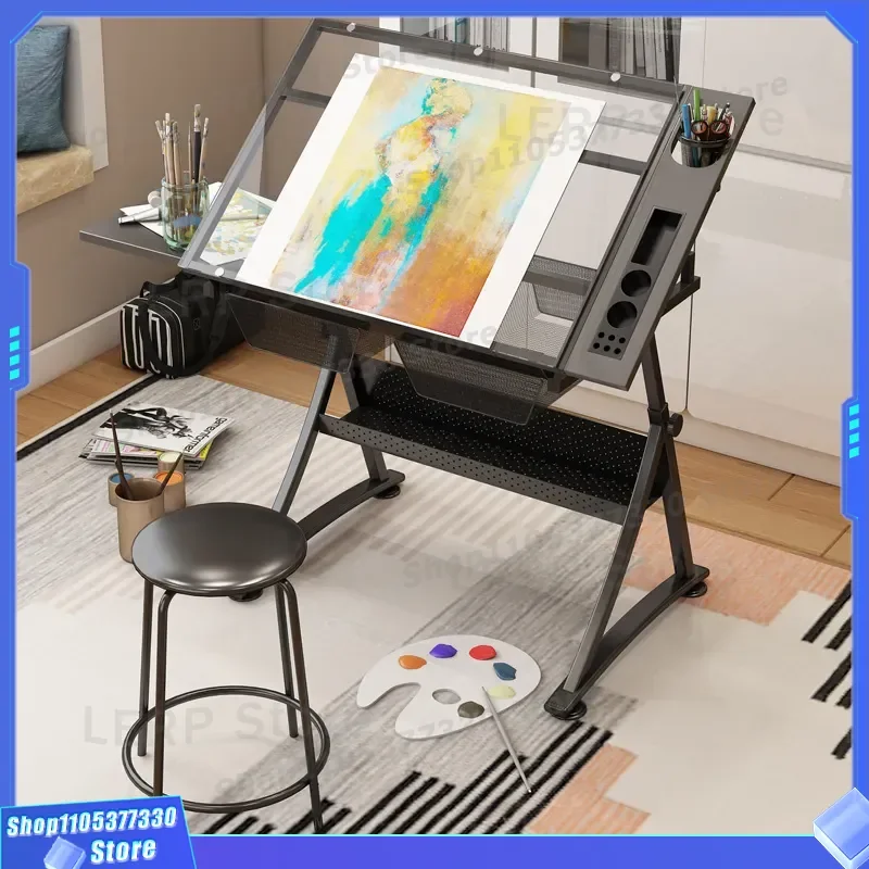 Adjustable Height Drawing Table for Artists Glass Top Painting Desk with Lifting Mechanism Computer Workbench for Designers