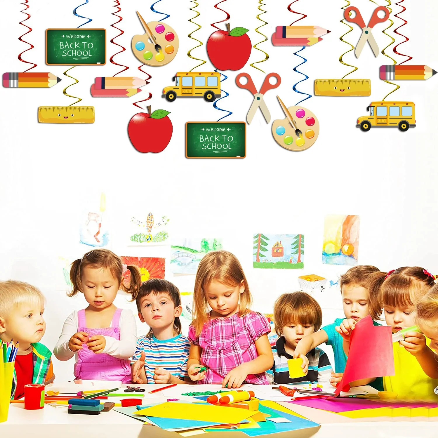 Cartoon Back To School Theme Swirl Hanging Garland Welcome Back Banner First Day of School Blackboard for Classroom Decoration