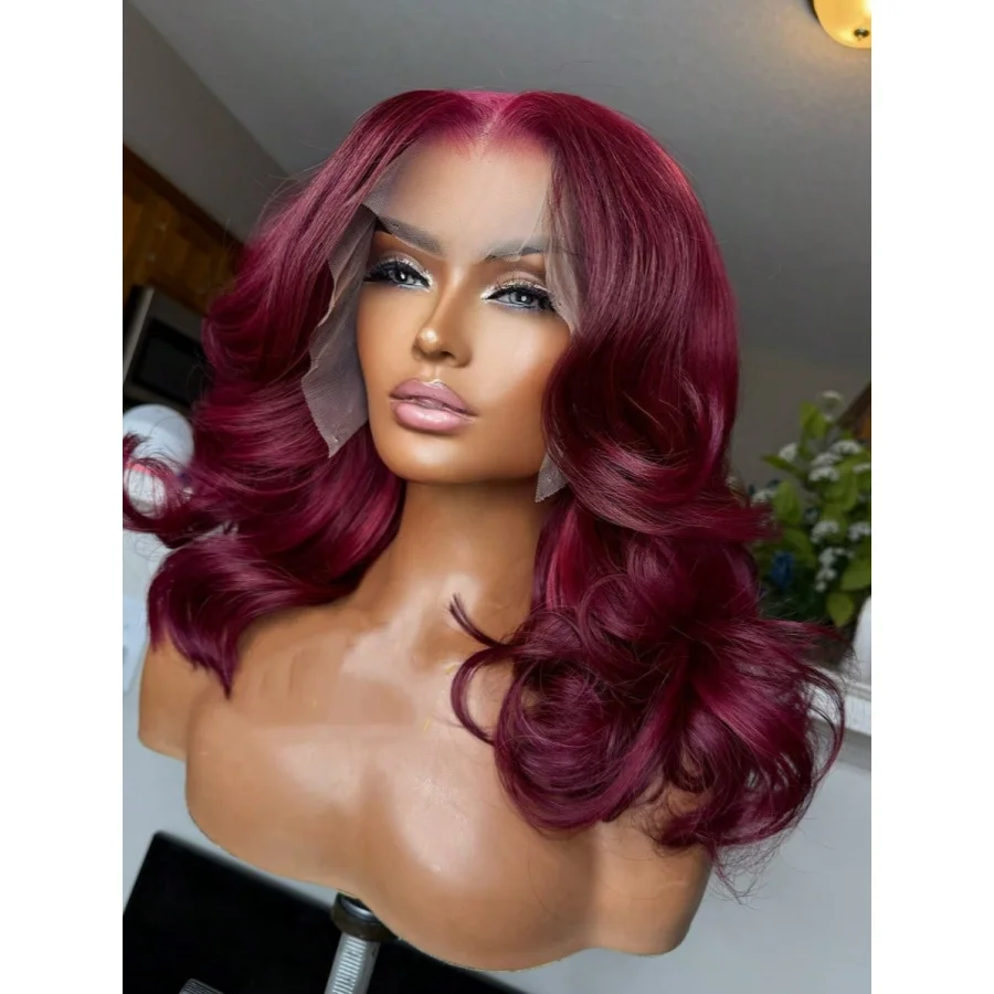 200% 8-18 borgonha 13x4 hd transparente laço frontal perucas de cabelo humano 99j colorido onda do corpo brasileiro pré arrancado com cabelo do bebê