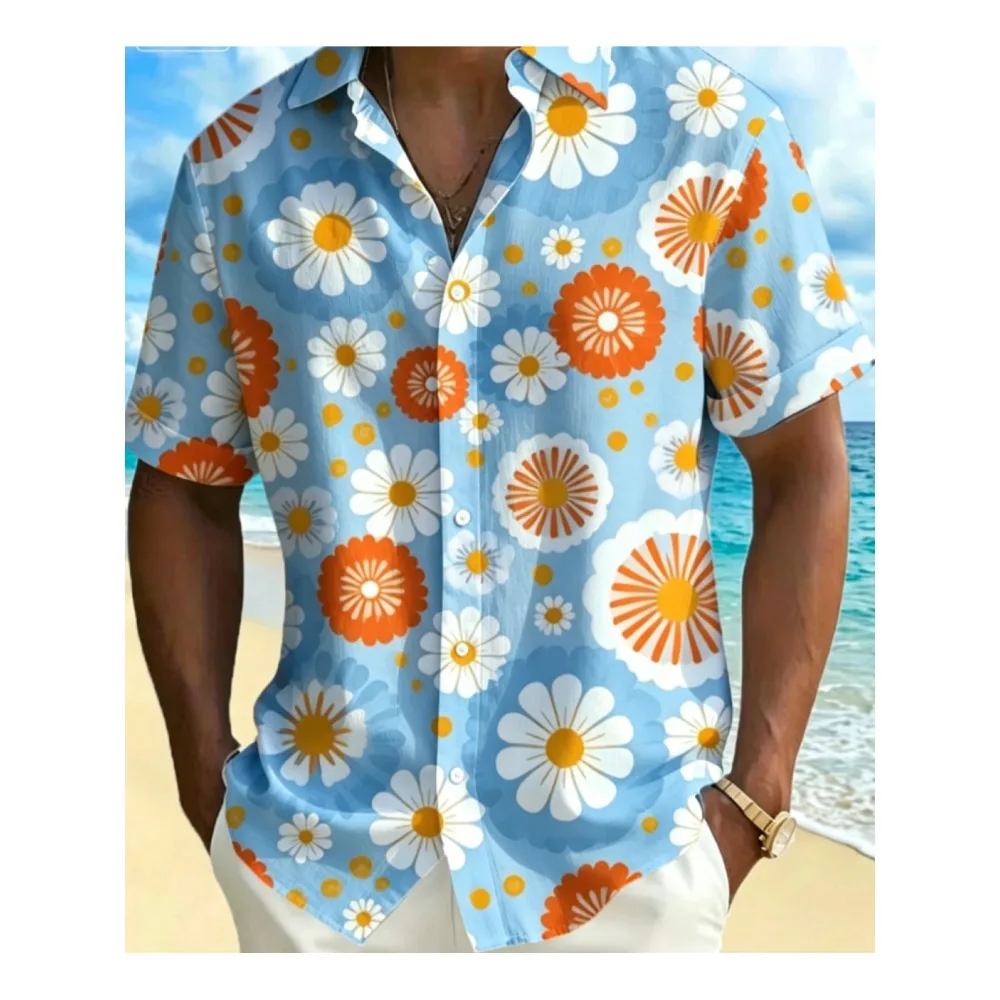 Men Summer Short Sleeve Hawaiian Aloha Shirt, Light Blue Retro Daisy Floral Print Multi Style Available