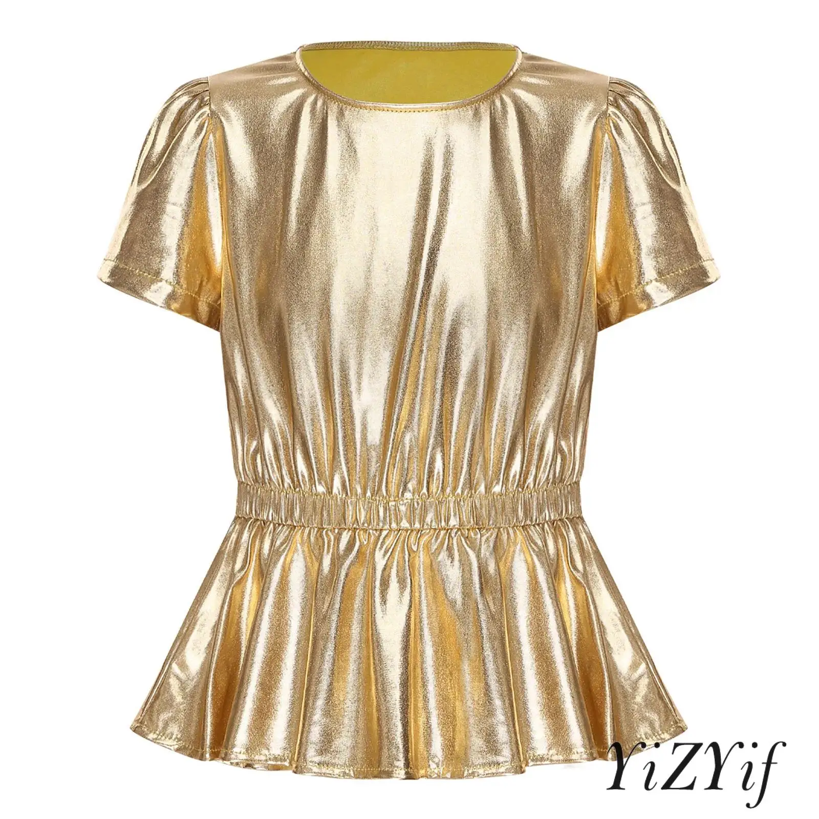 

Kids Girls Radiant Stage Rock Disco Wear Short Sleeve Round Neck Elastic Waist T-shirt Top for Jazz Street Dance Various Styles