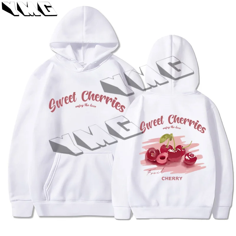 Women's loose hoodie autumn pure cotton retro letter cherry print women's oversized casual thick pullover hoodie sportswear EMO