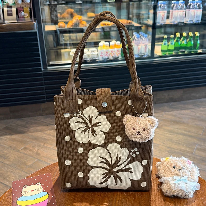 Floral Knitted Tote Bag, High-Quality Gift Bag, Multifunctional Large-Capacity Handbag, Suitable for Giving to Family, Friends, Classmates, Eco-Friendly Gift Bag, Fashionable Bag for Vacation, Shopping, Daily Casual Use, and Carrying Miscellaneous Items, Shoulder Bag