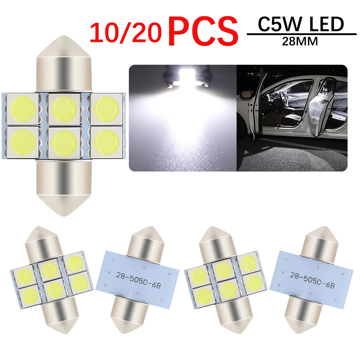 

10PCS 20 PCS 28mm 6 SMD 5050 LED Lamp Bulb For Auto Interior Sun Visor Vanity Mirror Fuse Light Pure White DC12V Car Styling